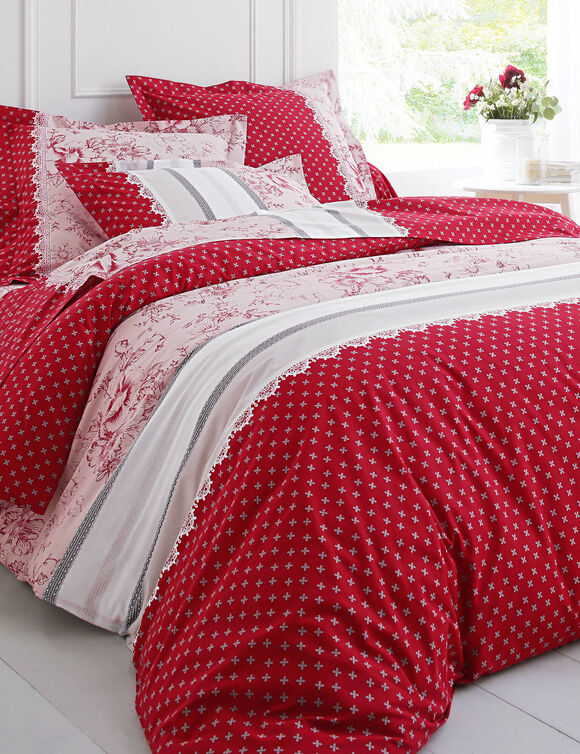 Linge de lit Gabrielle en coton imprimé pois, fleurs et dentelle (rouge) Linge de lit Gabrielle en coton imprimé pois, fleurs et dentelle (rouge)